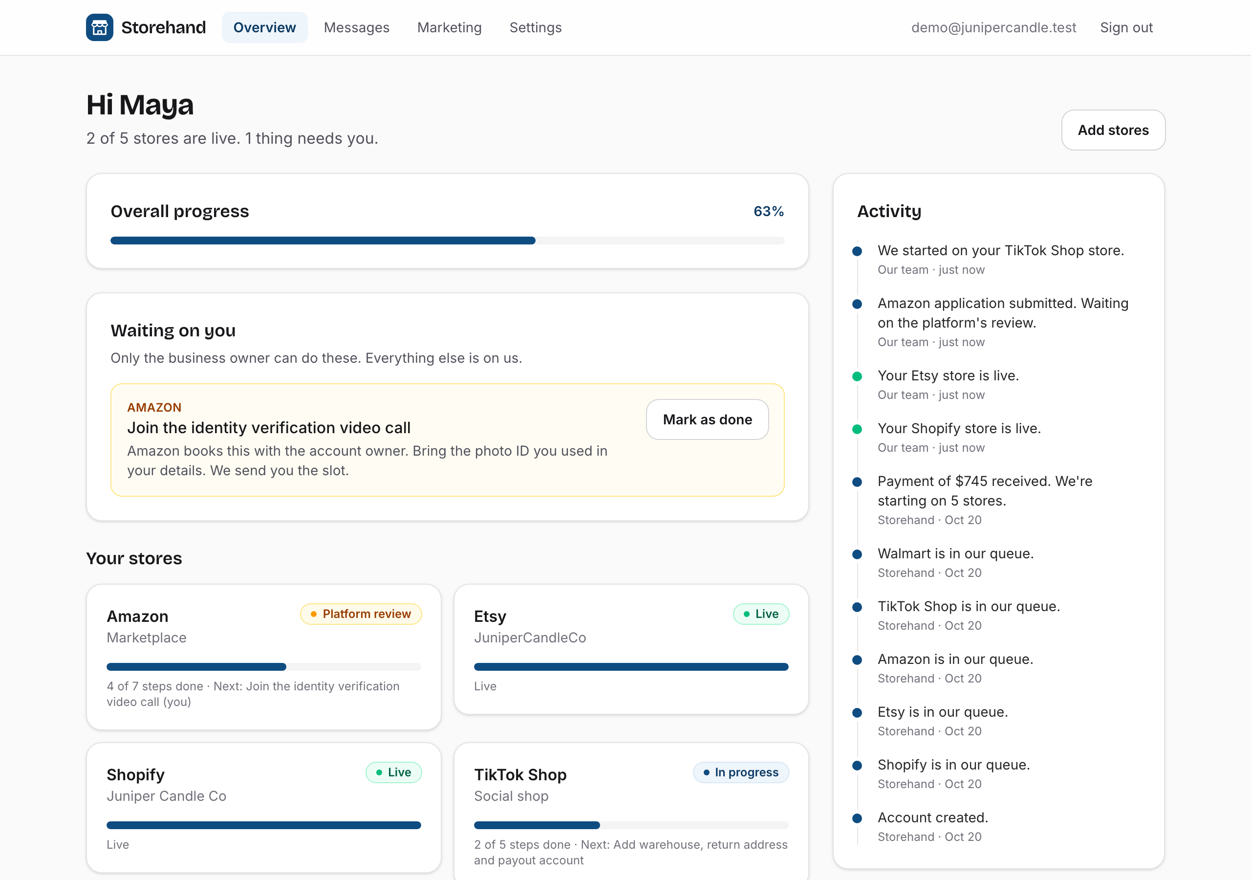 The Storehand dashboard: Shopify and Etsy live, Amazon in platform review, TikTok Shop in progress, and one task waiting on the owner, an Amazon identity video call.